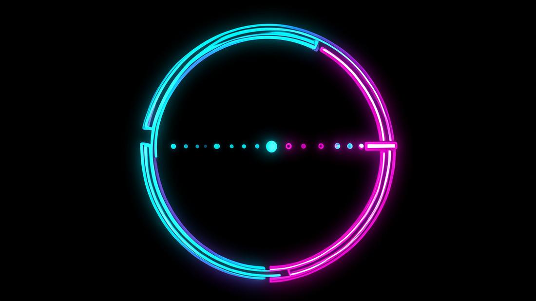 Abstract print of a line pausing in a dotted gap over a pale circle