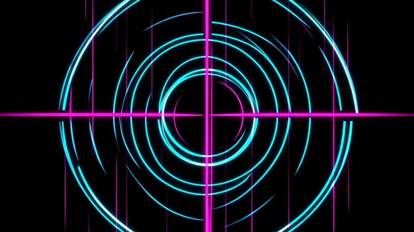 Abstract print of concentric rings crossed by vertical bars