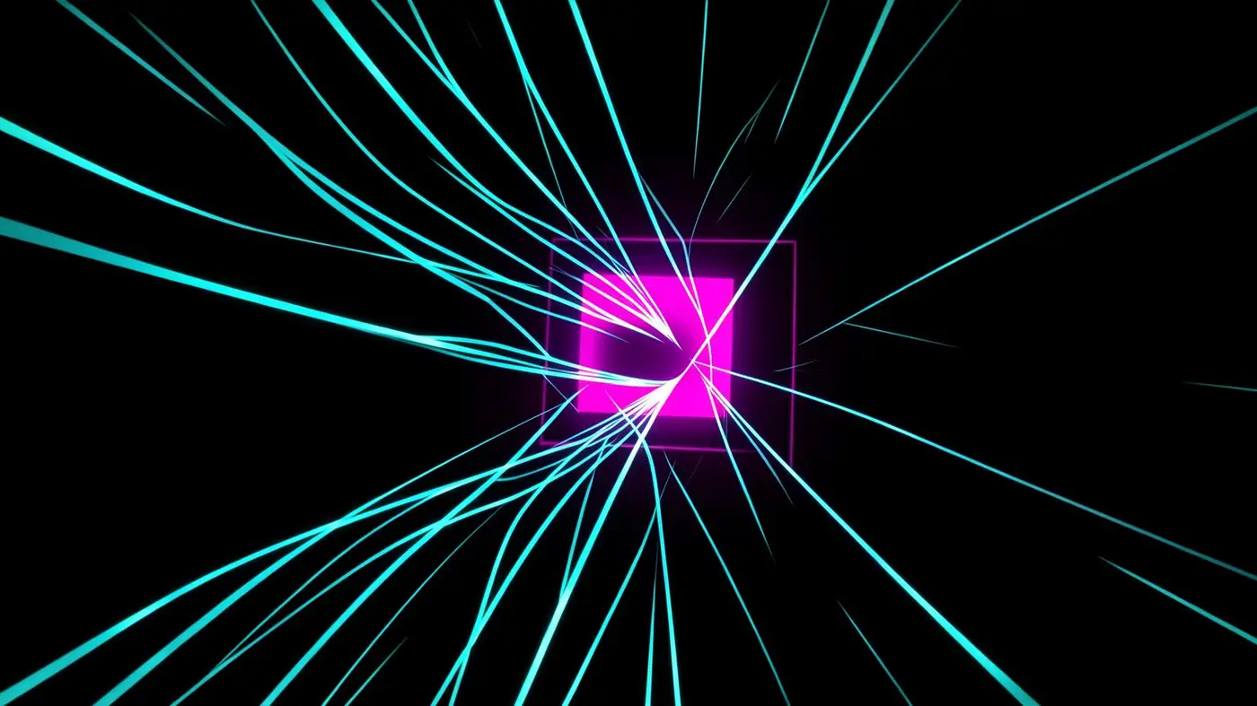 Abstract print of converging lines feeding a solid square